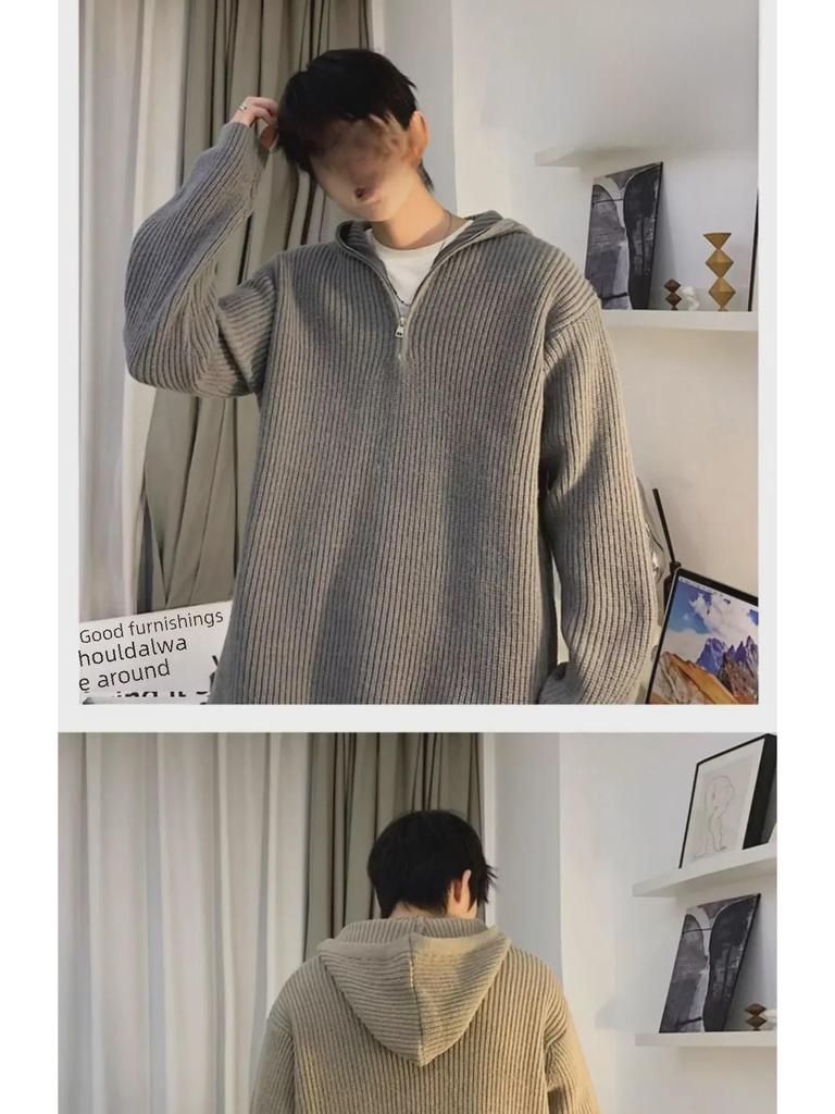 Men's Gray Cleanfit Half-Zip Hooded Sweater - Casual, Cool American Style Knitted Jacket