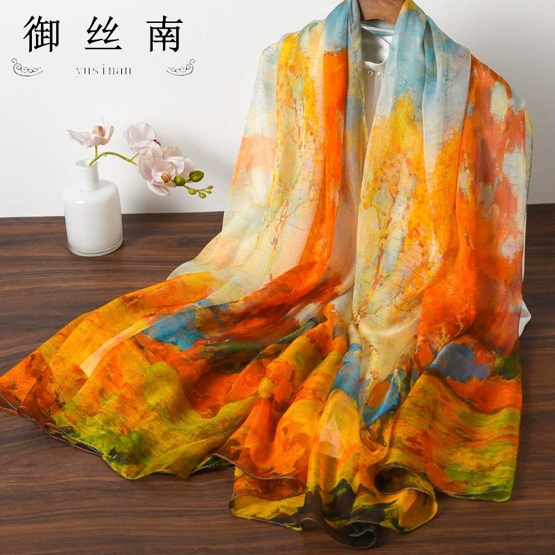 Spring Summer Women Large-size Printed Beach Shawls Muslim Hijabs Travel Thin Sunscreen Scarf/Scarves 100% Silk Beach Scarf