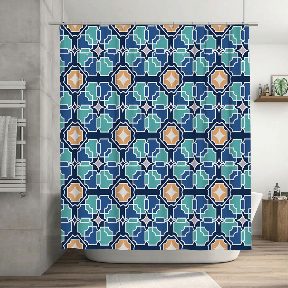Modern Geometric Printed Shower Curtain Waterproof Bathroom Decor Navy Blue Mint Green White Orange Modern Bath Liner with Hooks