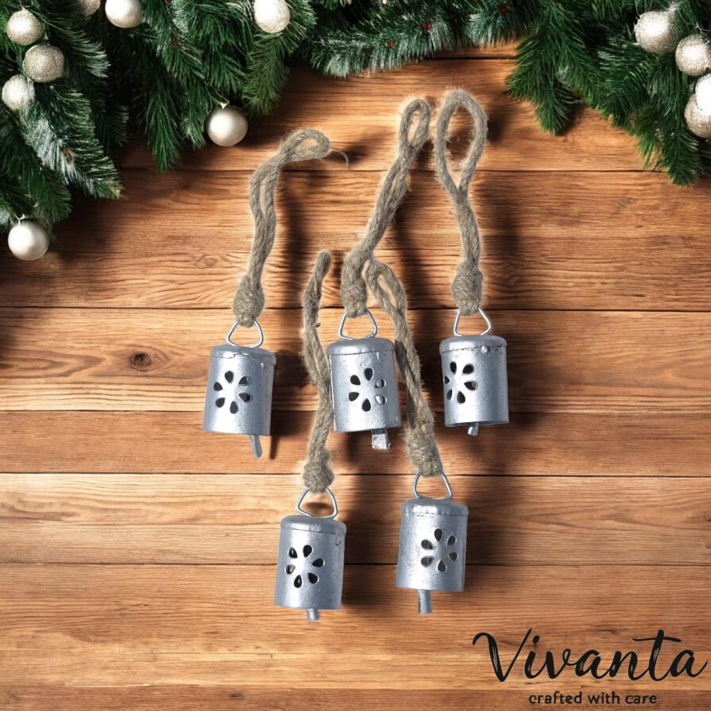 Small Hanging Tin Jingle Bells with Jute Rope for Crafts, Rustic Christmas Decorations, Witch Cow Bells, Silver, Pack of 10