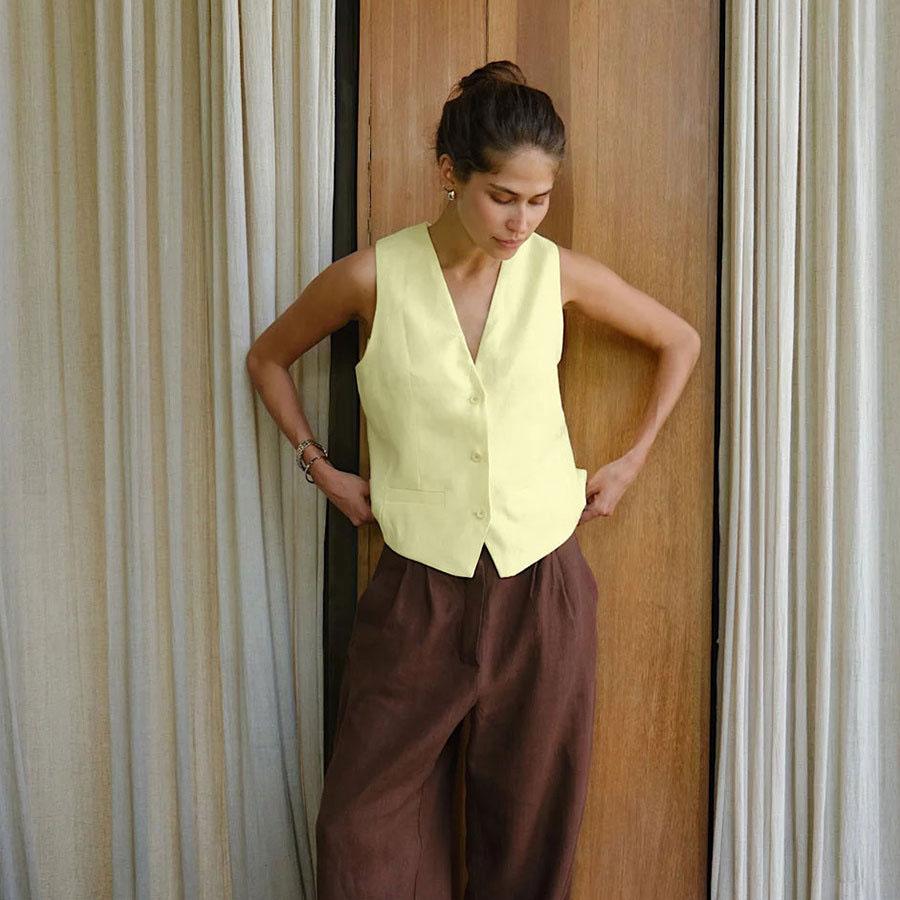 Kvinners Høst Vinter V-hals Dobbel Breasted Ensfarget Temperament Pendeldress Vest