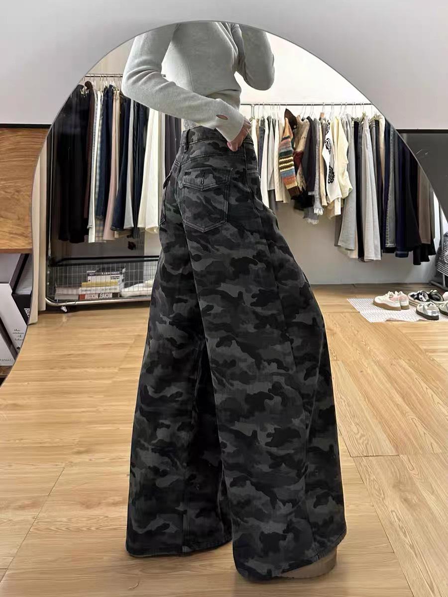 

Petite Retro Camouflage High Waist Wide Leg Jeans for Women - Autumn Loose Slimming Drapey Floor-Length Pants XL