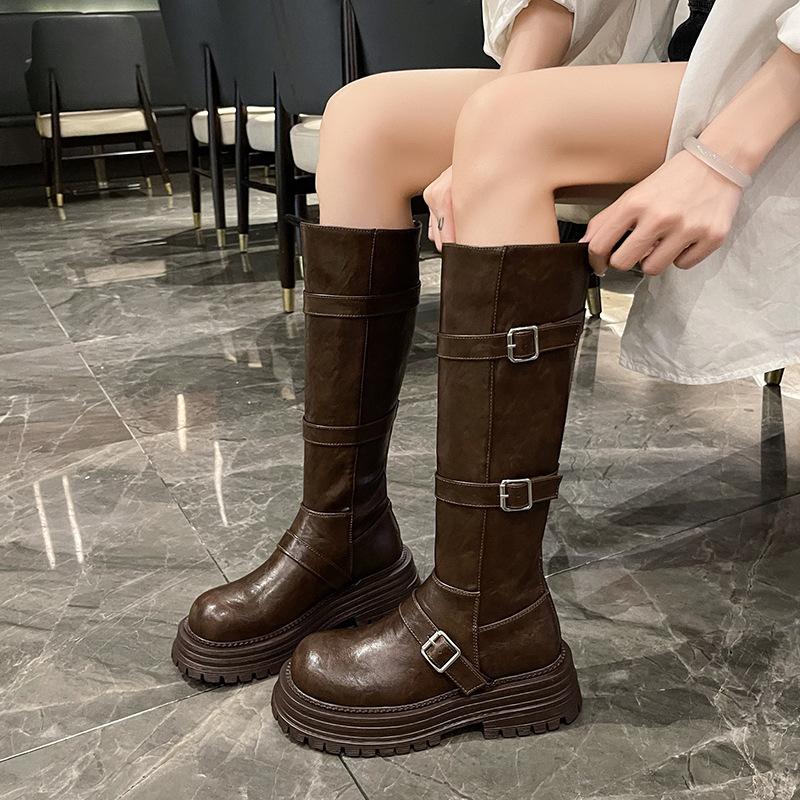 British style thick-soled knight boots women's 2025 autumn new retro versatile and thin sweet and cool buckle boots