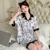 Popular Simulation Silk Pajamas Women'S Fashion New Chinese Flower Printing Short-Sleeved Loungewear Set