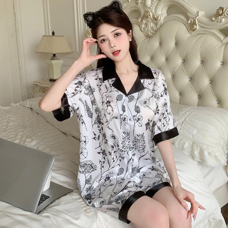 Popular Simulation Silk Pajamas Women'S Fashion New Chinese Flower Printing Short-Sleeved Loungewear Set