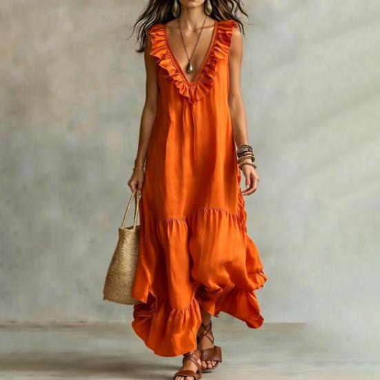 Women's Deep V Neck Ruffle Trim Maxi Dress, Sleeveless Loose Flowy Beach Sundress, Summer Casual Tiered Ruffle A-line Long Dress