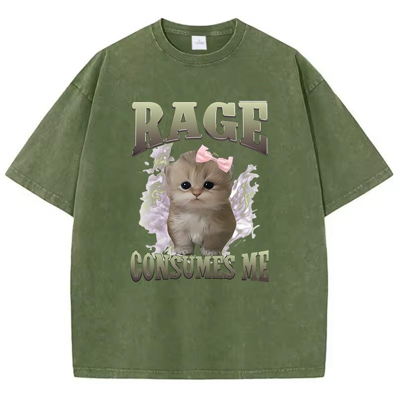 Oversize T Shirt Vintage Washed Cotton TShirt Rage Consumes Me Cat Graphic Tee Casual Streetwear Spring Summer Shirt