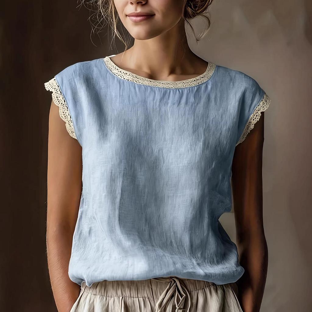 Camicia da Donna Retro Larga in Lino Senza Maniche con Patchwork di Pizzo 2026