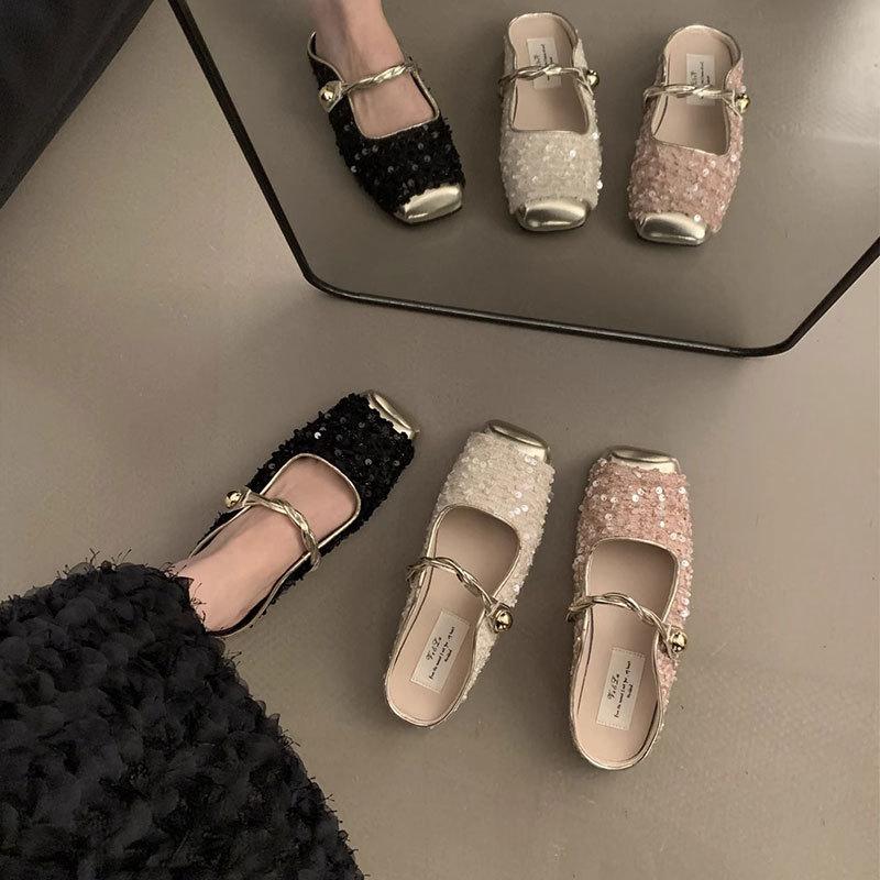 Sequined Gold Bag Head Half Slippers Women's Spring and Autumn Temperament Mary Jane Single Shoes Women's Shoes