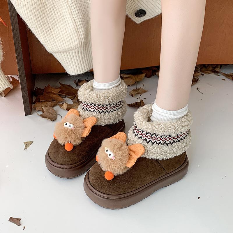 Damen Cartoon dicke Sohle große Größe verdickt Winter warm Fell eins Schneestiefel gepolstertes Futter Stiefeletten rutschfest Wandern Sport Baumwollstiefel