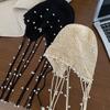 Beanies Knit Cap Crochet Flower Ethnic Style Hat Sweet Hollow Pearl Tassels Knitted Hat  Girls