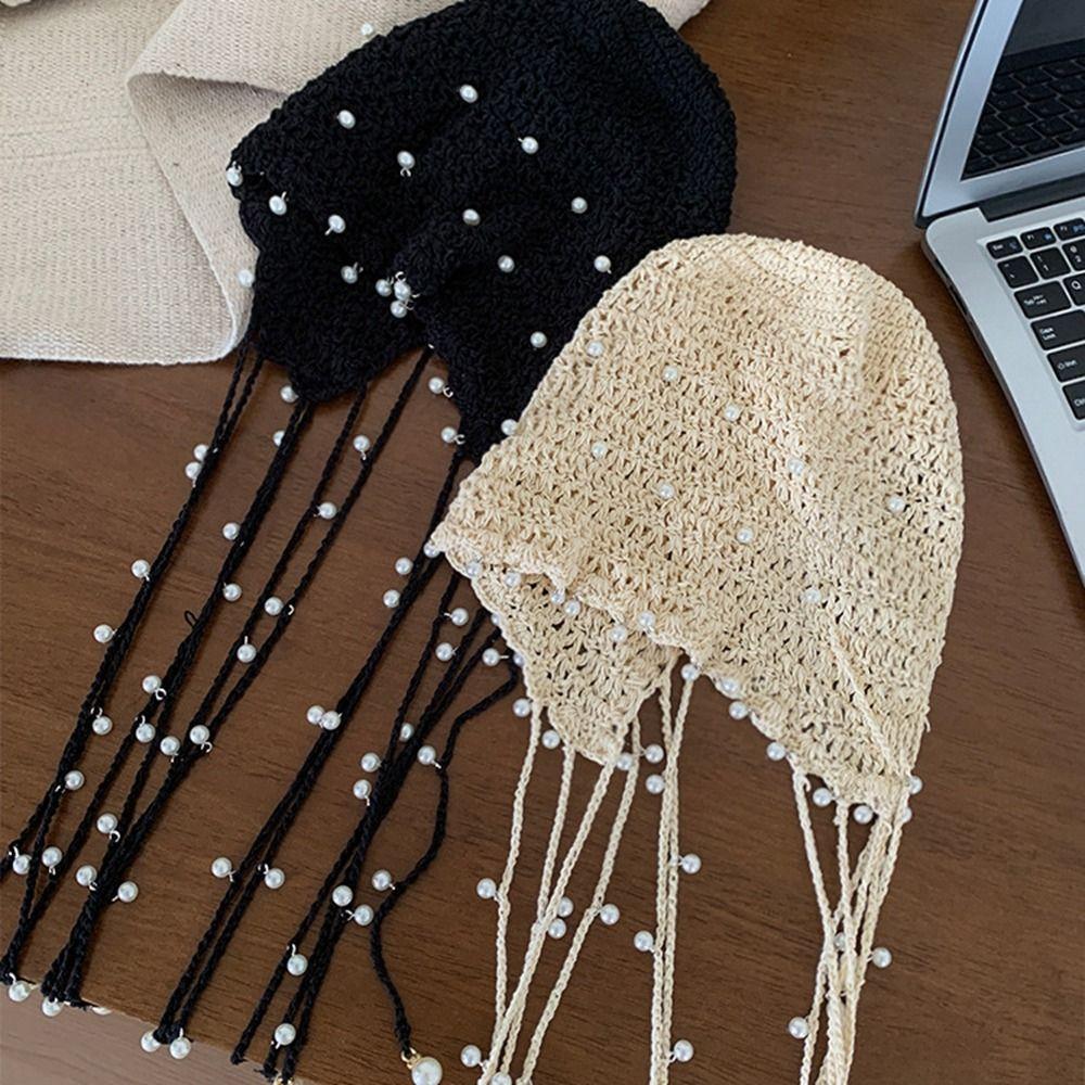 Beanies Knit Cap Crochet Flower Ethnic Style Hat Sweet Hollow Pearl Tassels Knitted Hat  Girls