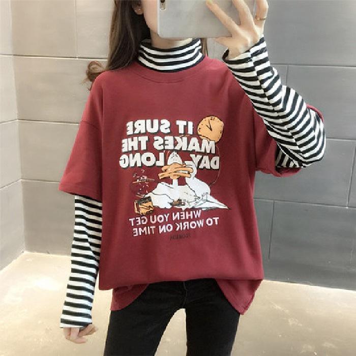 Women's Slim Fit Half-High Collar Two-Piece Effect Long-Sleeve T-Shirt - Autumn Style