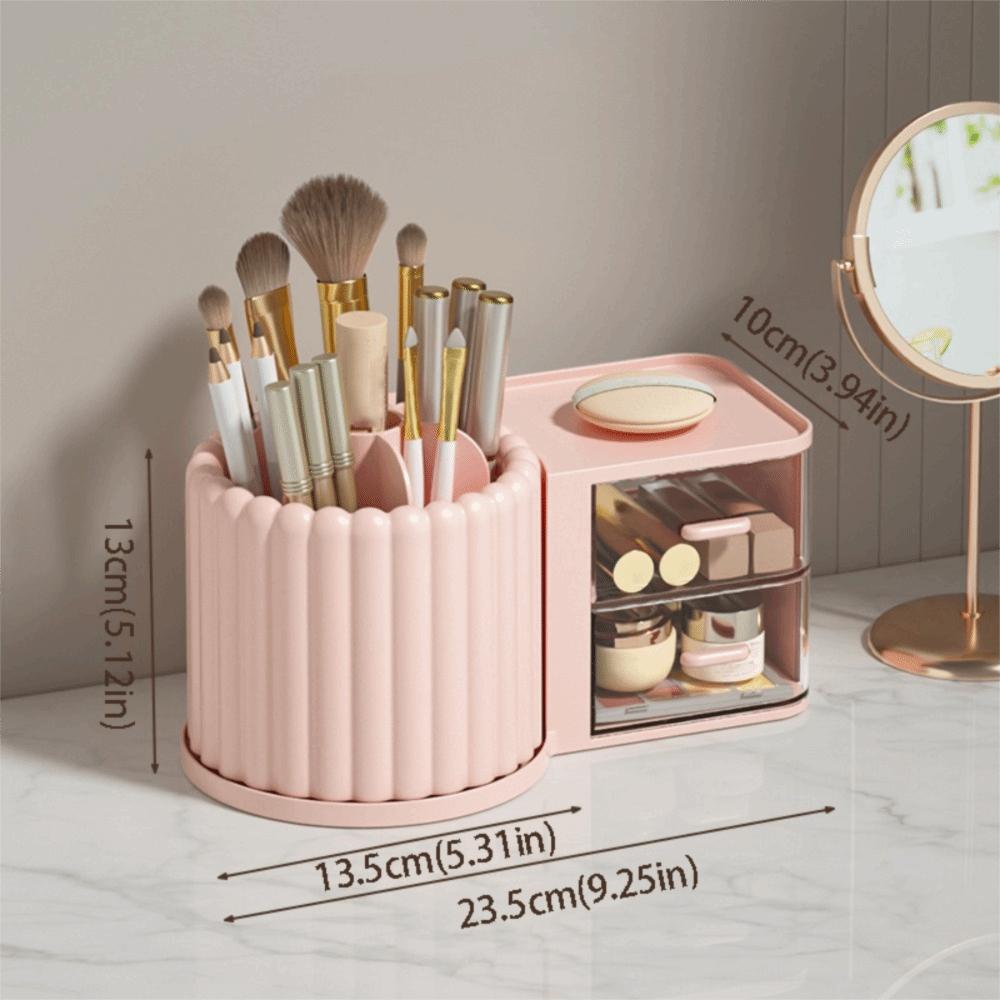 2 Drawers Makeup Brush Holder Large Capacity Desk Organizer Rotating Organizer  Stationery Storage