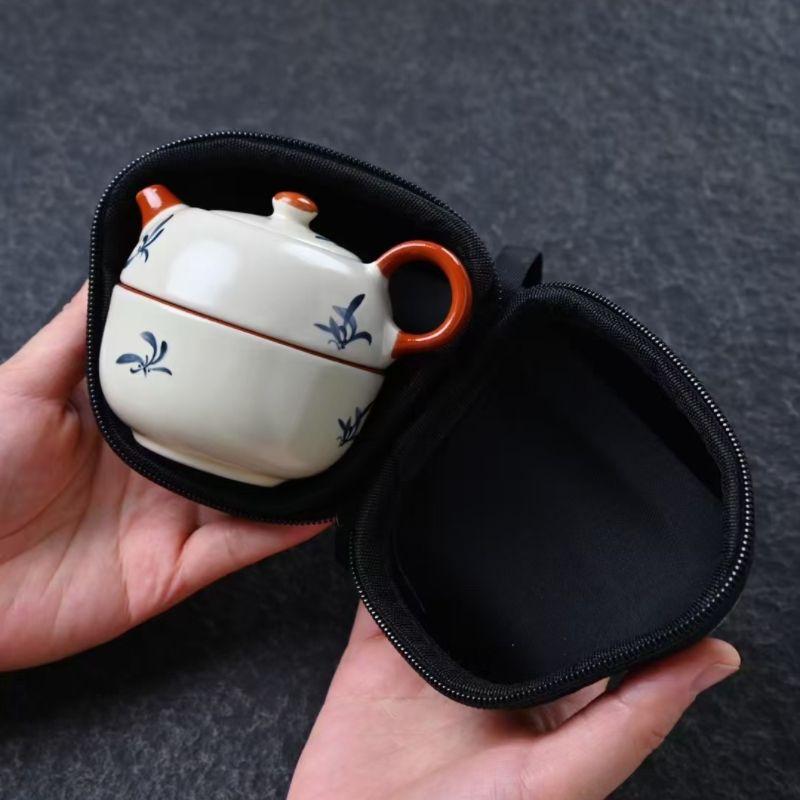Ru Kiln Travel Tea Set, Portable One Teapot and One Tea Cup Set, One-Person Ceramic Tea Brewing Set