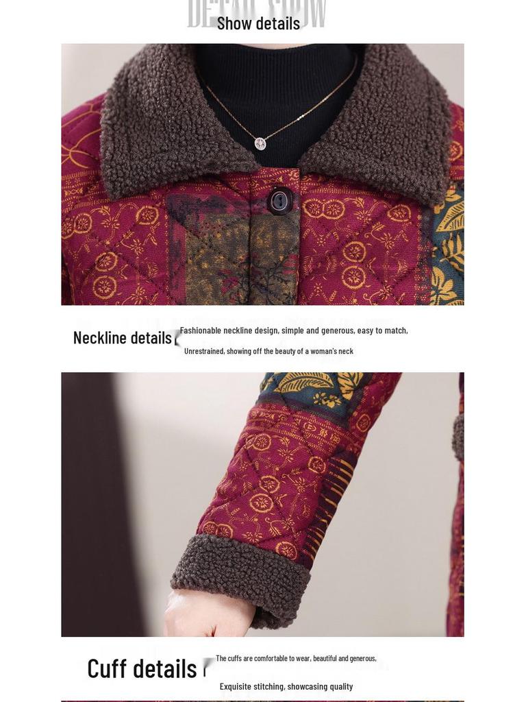 Mom's Thickened Mid-Length Winter Cotton Jacket with Fleece Lining, Plus Size, Warm Coat for Elderly Women