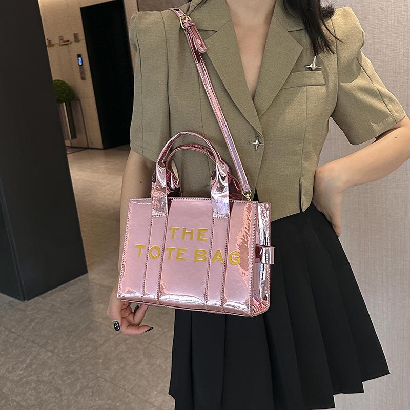 Summer new letter printing contrasting color pu glossy large capacity women's tote bag women's shoulder messenger bag