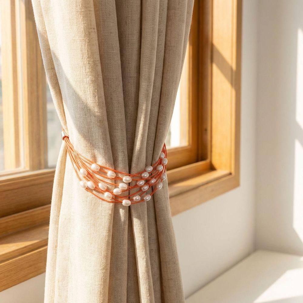 2PCS Adjustable Pearl Curtain Tieback Polyester Curtain Tape Imitation Pearl Ties  Wedding Decor