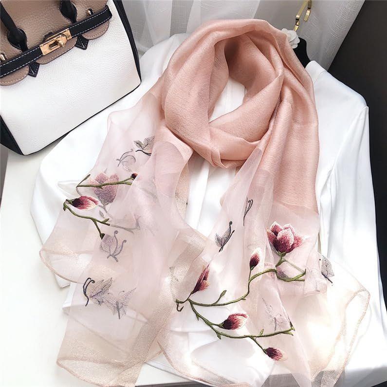 Used Liebendo Large Stole for Women, Silk, Embroidered, Floral Pattern, Shawl, Large Stole, Silk, Women's, Spring/Summer, UV Protection, Gift (Pink)