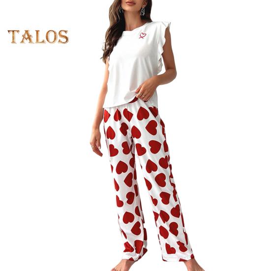 Damski Satynowy Zestaw Piżamowy Z Falbankami Top na Ramiączkach i Spodnie z Szerokimi Nogawkami Zestaw Casualowy 2-częściowy Strój Domowy Zestaw Lounge