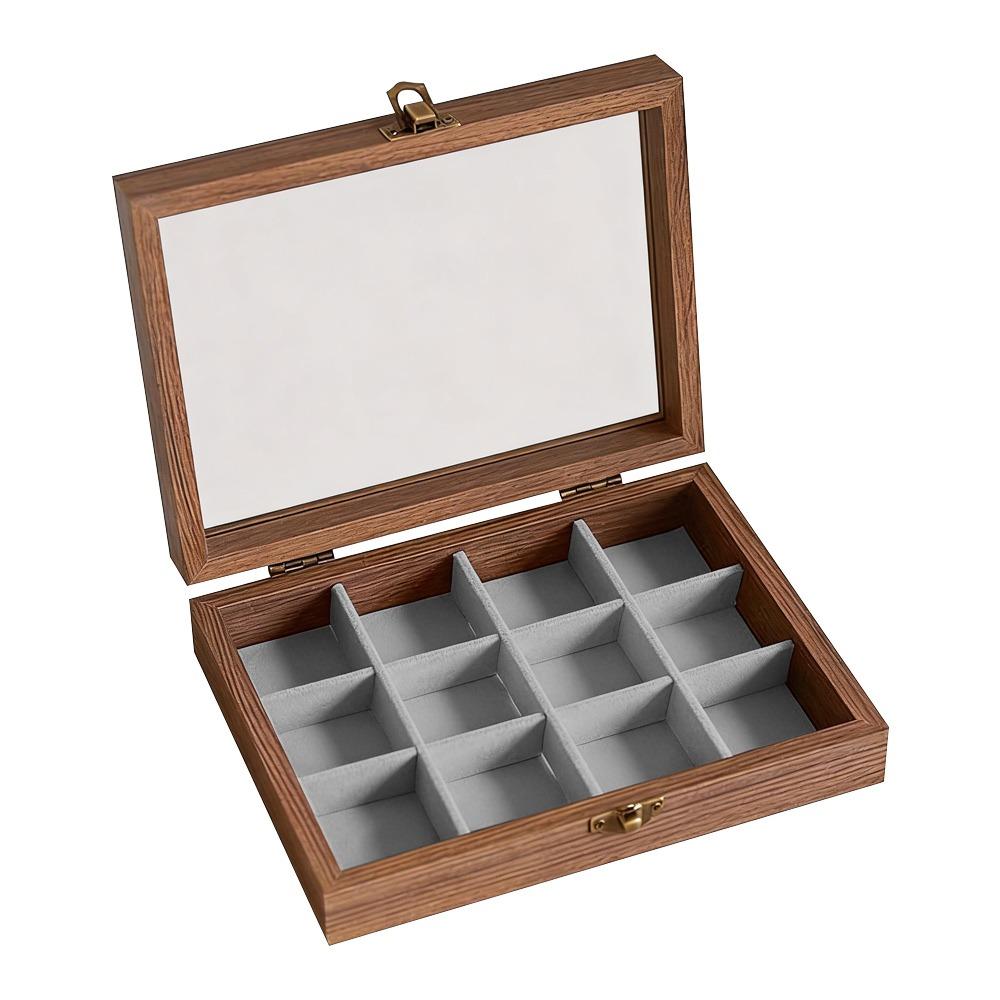 Walnut Color Jewelry Storage Box Dust-proof Design Glass Lid Ring Storage Box Light Luxury Packaging Velvet Material