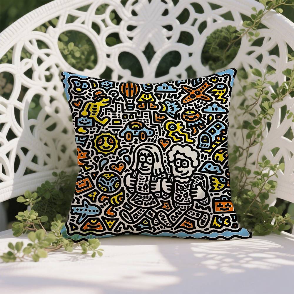 Famous Genius Graffiti Art Mr Doodle Pillow Case Anti-dustmite Pillowcase Invisible Zipper Silky Short Plush Sofa Cushion Cover