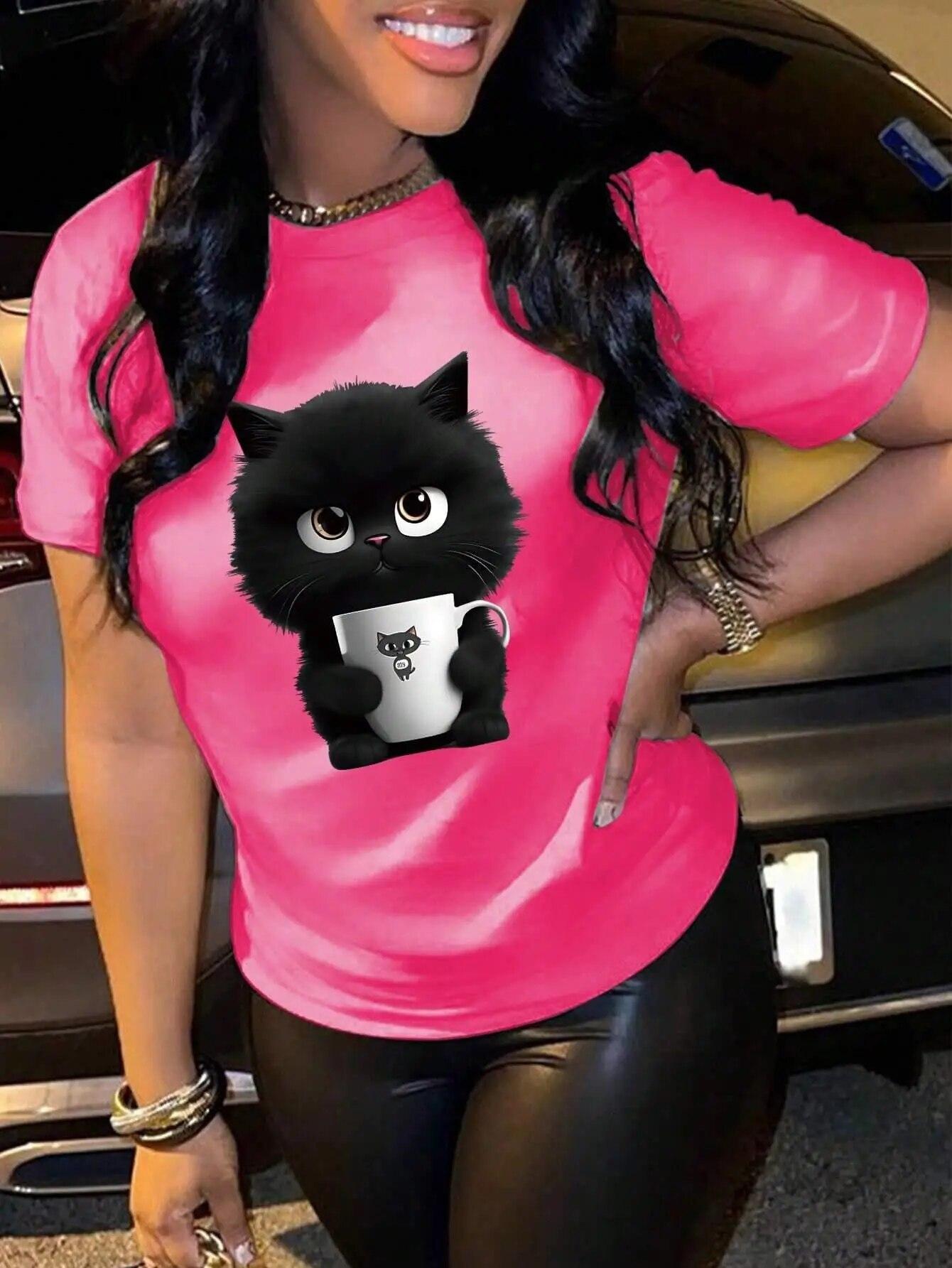 

Женские футболки с принтом котенка и чашкой, дышащая футболка в стиле хип-хоп, уличная летняя одежда, повседневные универсальные футболки большого размера XXL