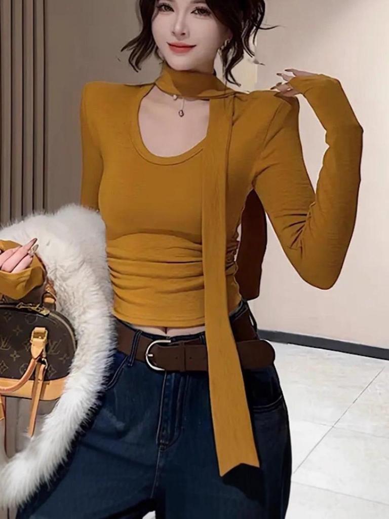Threaded Velvet U-Neck Long-Sleeve Fleece T-shirt - Autumn/Winter Ribbon Design, Elegant Style