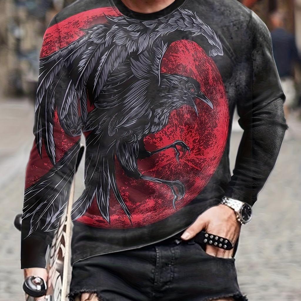 Spring and Autumn Round Neck 3D Animal Eagle Graphic Printed Top Fashionable Casual Hip Hop Long Sleeved Men's T-shirts