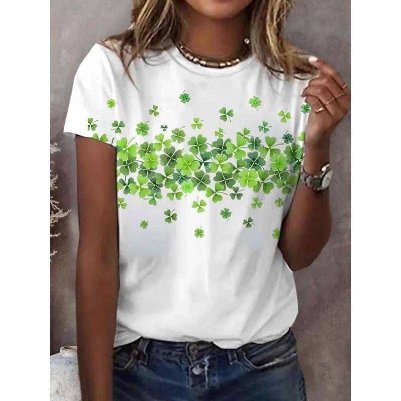 Women's T-shirt - Green Lucky Clover - 3D Printed - Loose Collar - Short Sleeve - T-Shirt - Women's Clothing