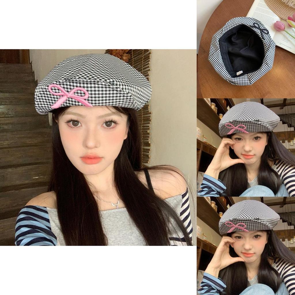 Elegant Korean Style Plaid Bowknot Cloud Beret Hat For Women And Men Spring Fashion