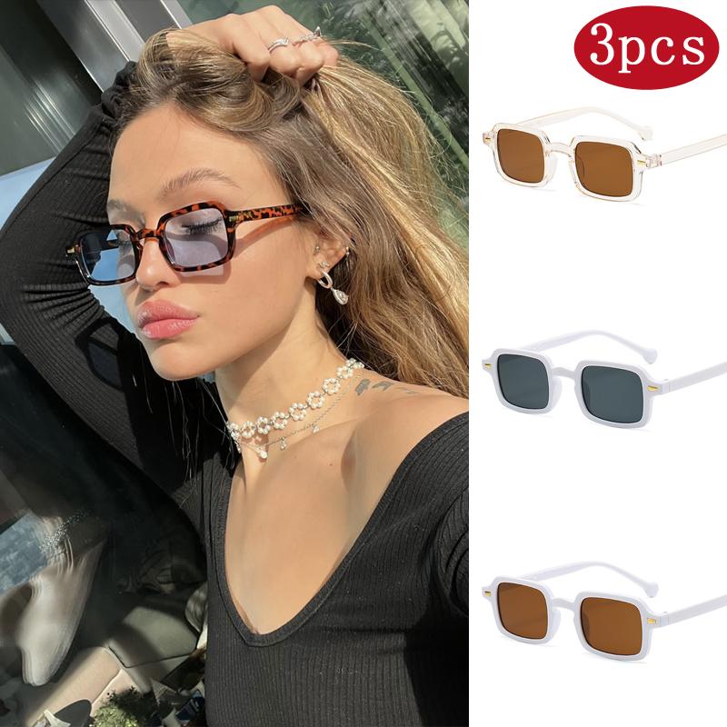 3set Fashion Rivets Square Sunglasses Women Vintage Gradient Shades Men Leopard Blue UV400 Sun Glasses