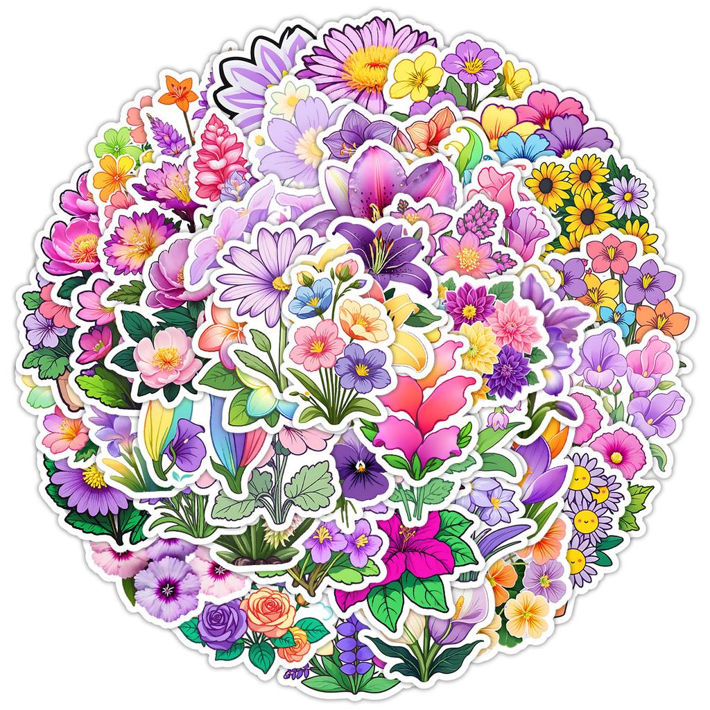 50 Cute Flowers Doodle Stickers Water Cup Mobile Phone Waterproof Decorative Stickers Creative Flowers Hand Account Stickers