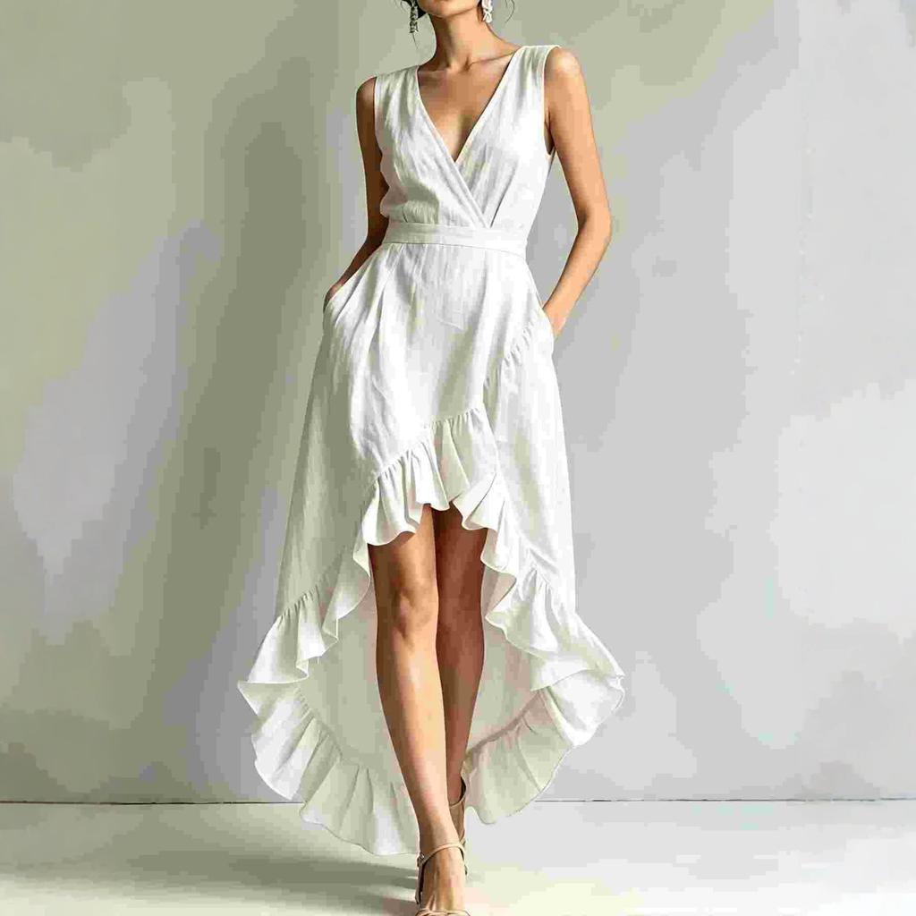 Damen V-Ausschnitt Ärmellos High-Low Rüschensaum Maxikleid Lässig Sommer Sonnentuchkleid