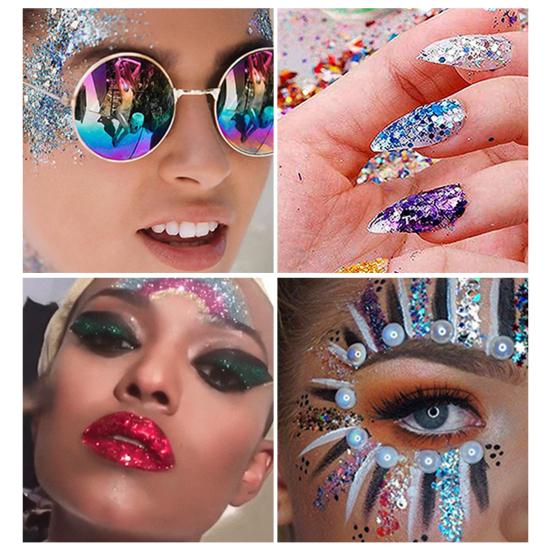 Augenglitzer, Haar, Gesicht, Lippe, Körperkunst, funkelnde Pailletten, glitzernder flüssiger Lidschatten