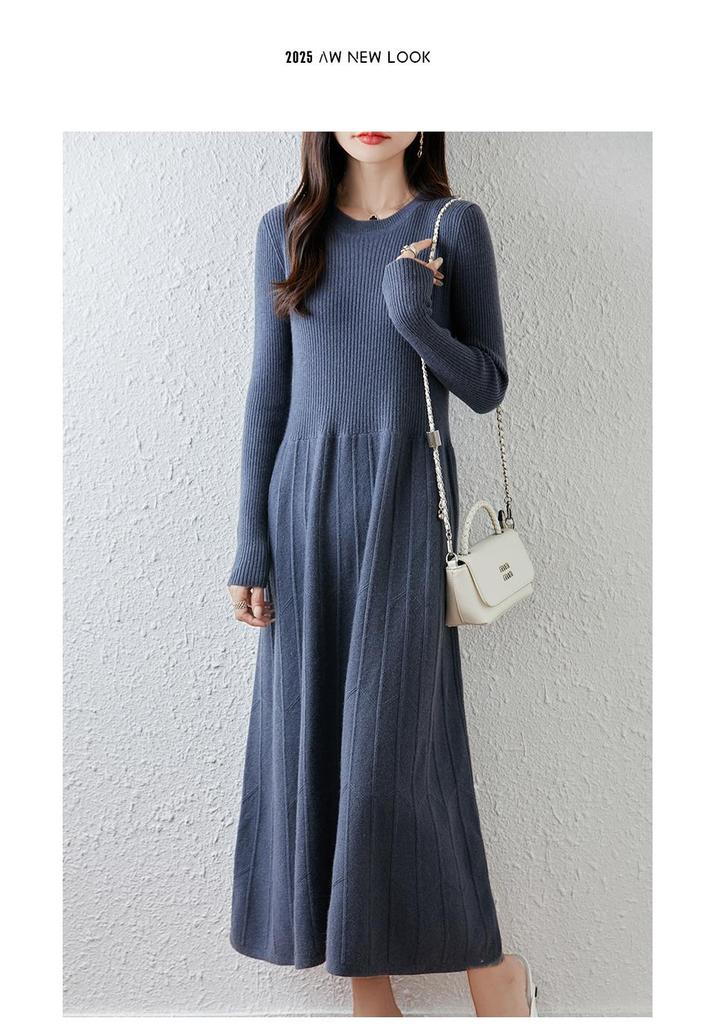 Women's Long Sleeve Knee-Length Pure Wool Slimming Dress