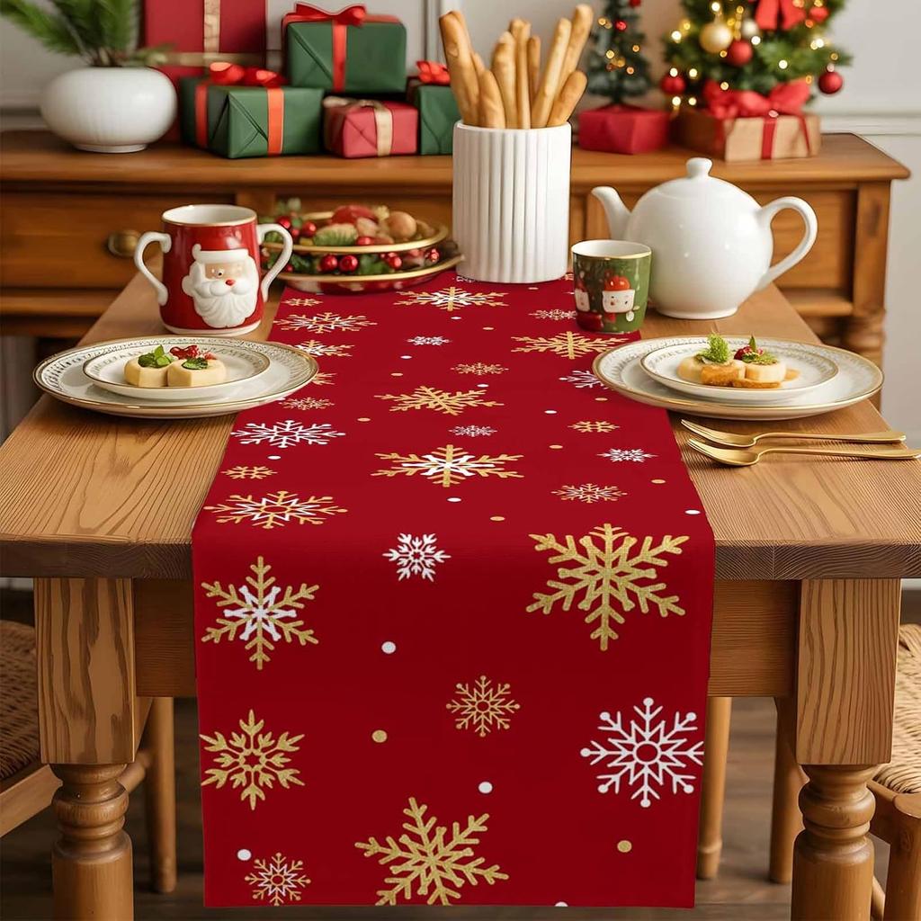 Christmas Golden Snowflake Linen Table Runner Party Decor Winter Xmas Holiday Kitchen Dining Table Runner Christmas Decorations