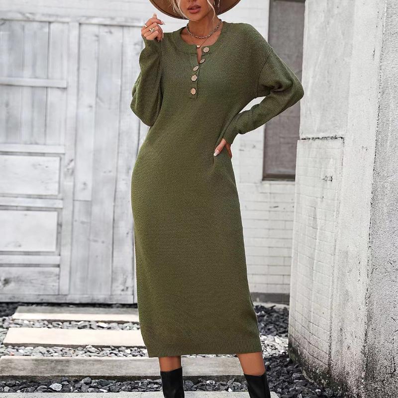 IHUASU Podzimní a zimní knoflíkové pletené šaty Módní Temperament Commuter Dámský svetr