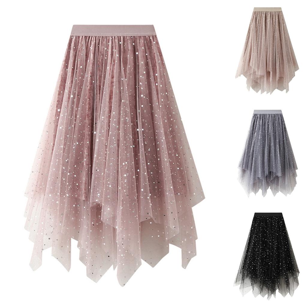 Moda Donna Paillettes Vita Elastica Gonna Irregolare in Rete Mezza Lunghezza