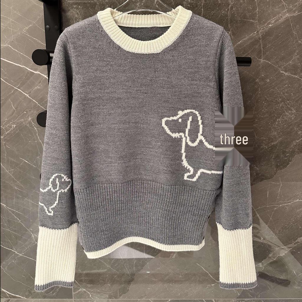 Cartoon Puppy Academic Style Wool Pullover - Women's Autumn/Winter Round Neck Short Sweater