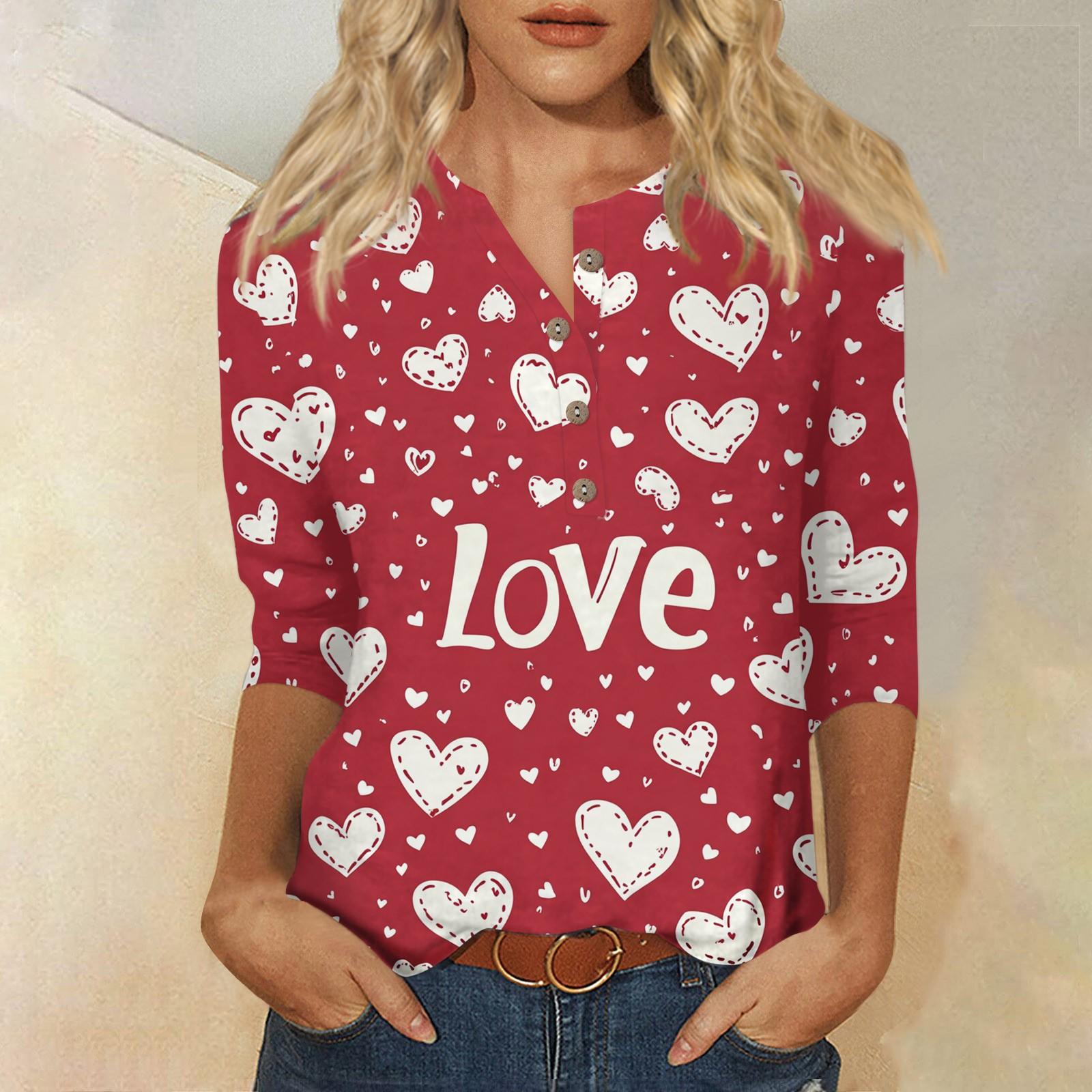 

Жіночий модний повсякденний топ із принтом на День Святого Валентина з рукавом 3/4 на ґудзиках XL рожевий