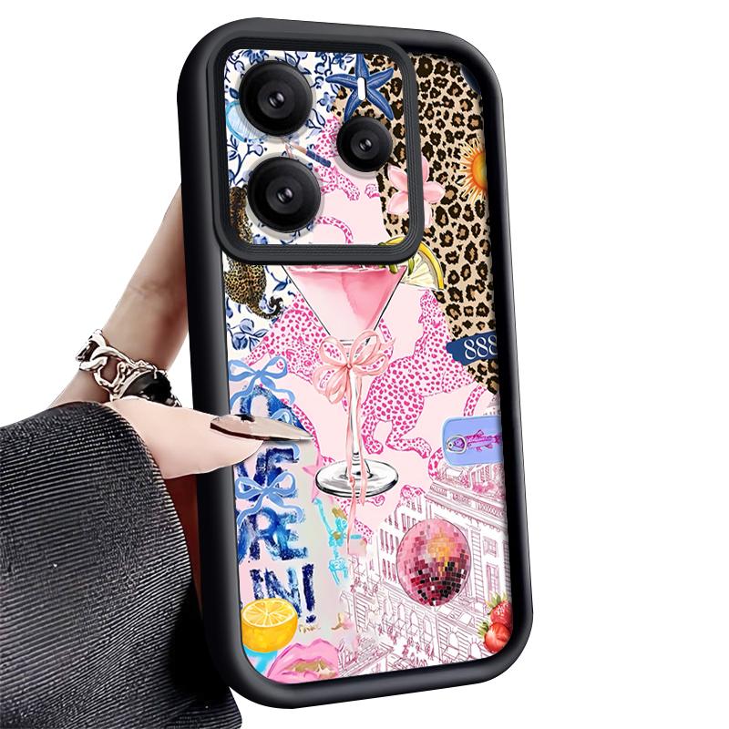 Pink Goblet Bowknots Disco Ball Pattern Case For Xiaomi Redmi Note 14 13 Pro 5G 4G 12 11 Funda Xiaomi 14T 13T 11T Pro Shockproof Bumper Silicone Cover