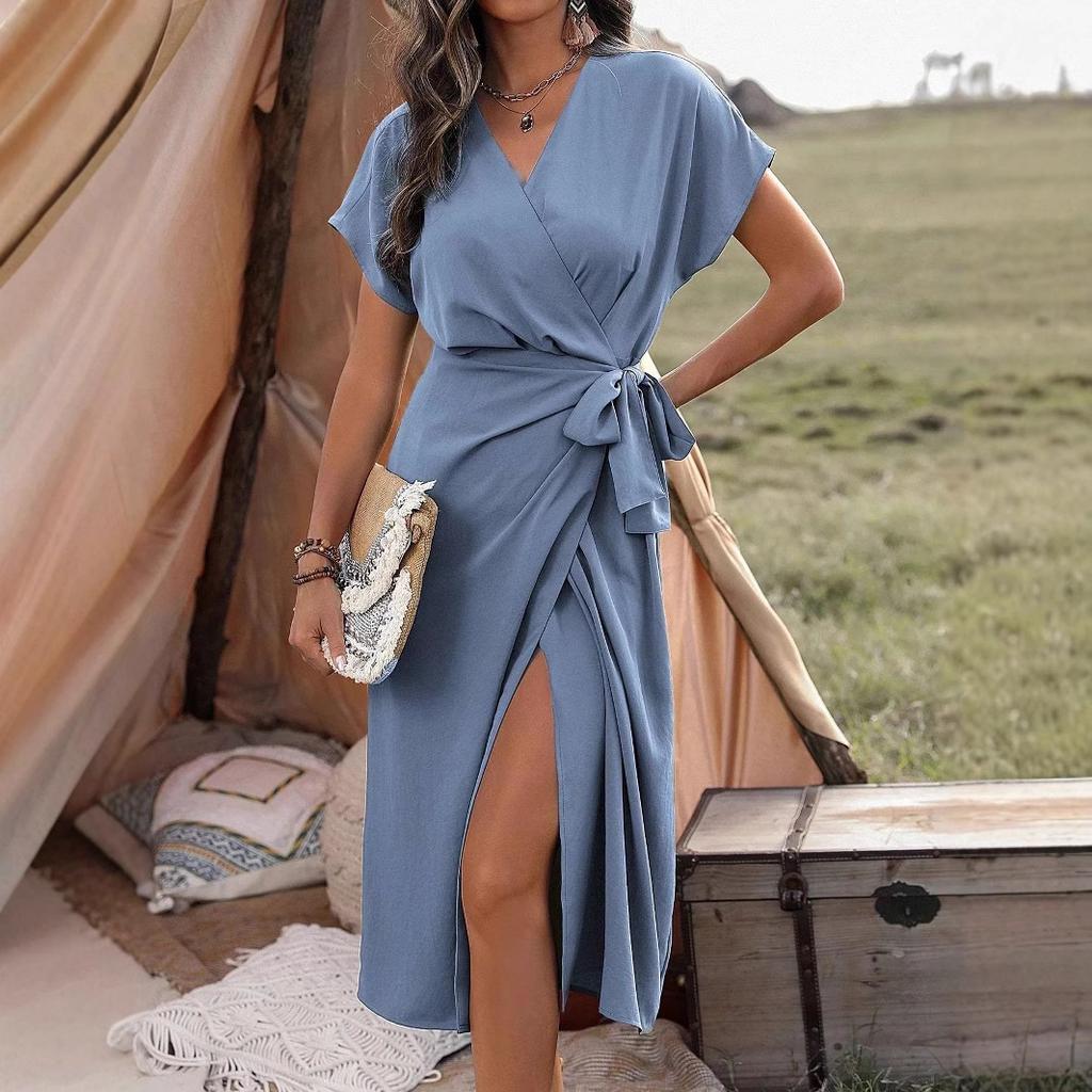 Women's Short Sleeve Maxi Dress V-Neck Solid Color Side Split Long Dress Formal Evening Party Maxi Gown