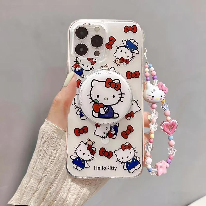 Magnetic Wireless Charging Hello Kitty Bracket Chain Case For Iphone 15 14 13 12 11 Pro Max 13 MINI XR XS Max 7 8 Plus SE Casing