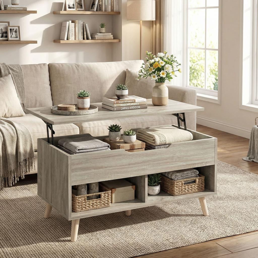Lift-Top Coffee Table, Hidden Compartment, Open Shelves, 75 x 40 x 58 cm, Natural Wood