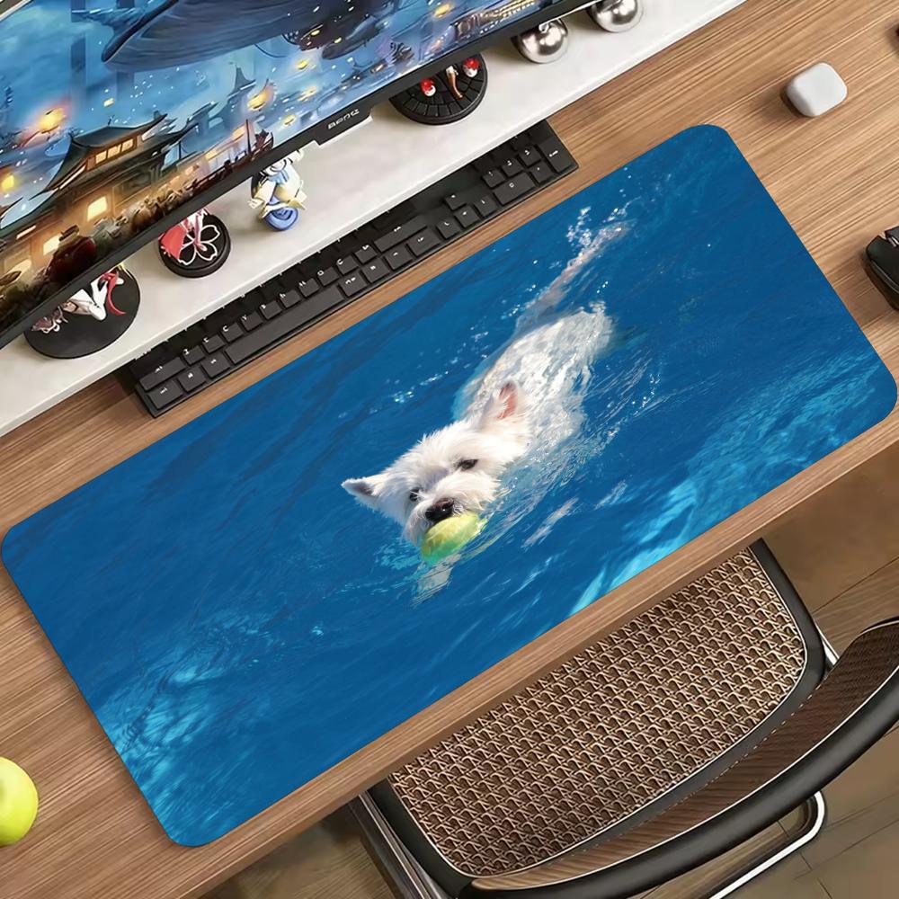 Cute White Puppy Underwater Extended Mouse Pad Non Slip Rubber Desk Mat For Gaming Laptop Keyboard Home Office Setup