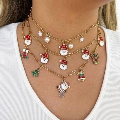 Cross-border Drip Oil Red Sock Christmas Tree Reindeer Santa Pendant Necklace for Women