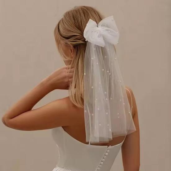 Bridal Hair Clip with Bow Faux Pearl Veil Wedding Headdress White Tulle Wedding Day Honeymoon Hair Accessory