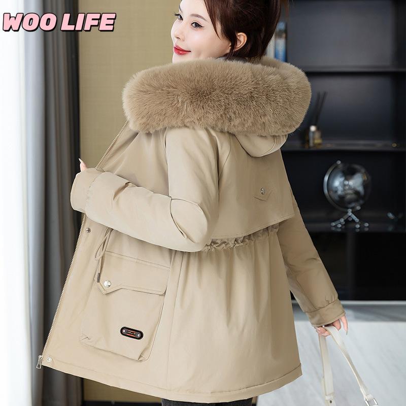 Parker Clothing Women's New Winter All-match Cotton Clothing Plus Velvet Hooded Jacket, Big Fur Collar, Warm Cotton Clothing, Women's Cold Protection