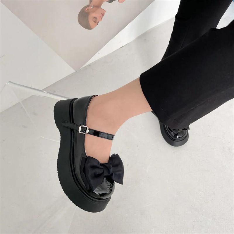 Mary Jane bow fashionable versatile flat-soled small leather shoes 2025 spring muffin thick-soled height increase sweet small single shoes